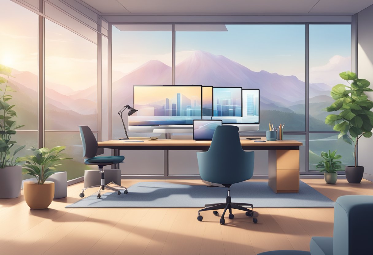 A modern office space with flexible seating arrangements, high-tech equipment, and a serene view. A laptop, phone, and comfortable chair are prominently featured