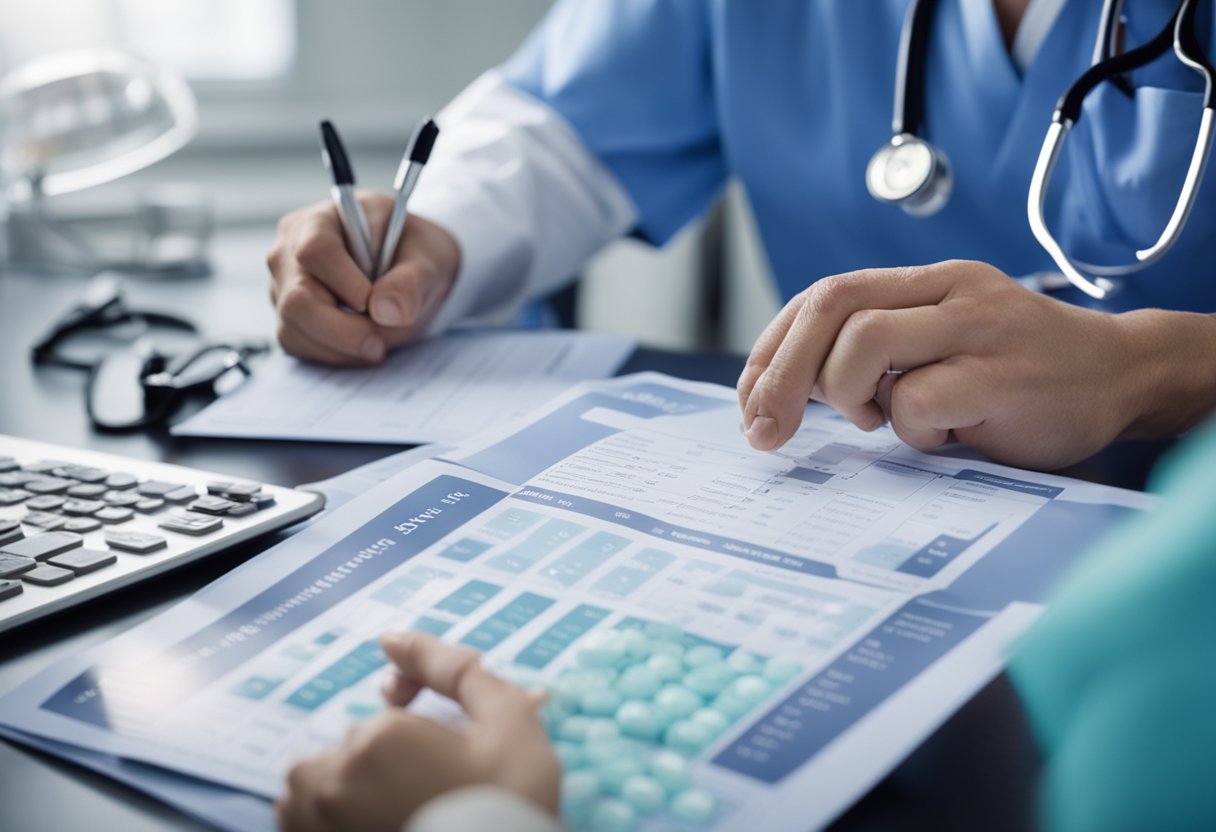 A doctor examines a chart of 15 symptoms of urinary tract infection, while a nurse prepares treatment medications