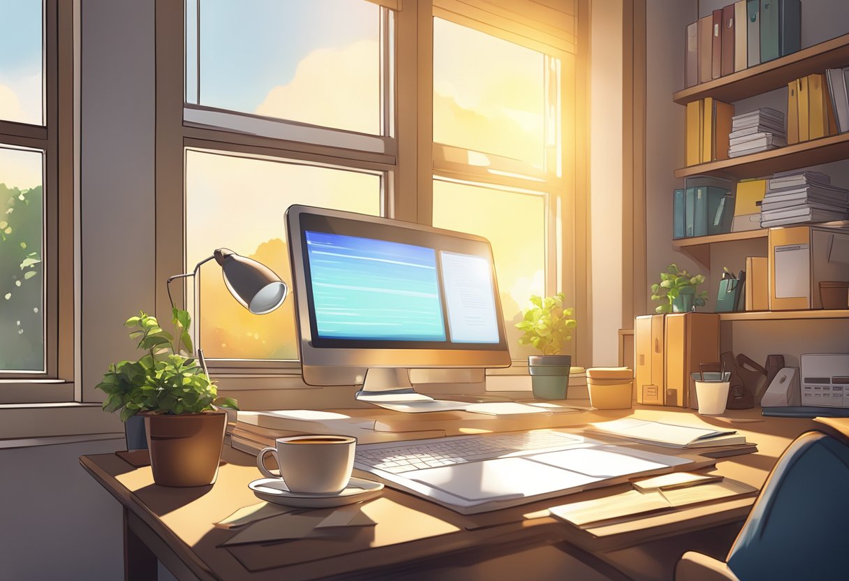 A clutter-free home office with a computer, notepad, and coffee mug. Sunlight streams in through the window, illuminating the organized workspace