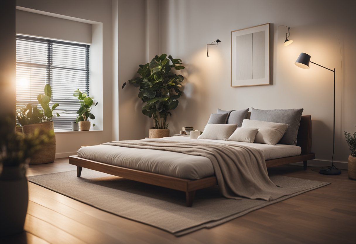 A serene bedroom with a therapeutic futon as the focal point, surrounded by calming decor and soft lighting