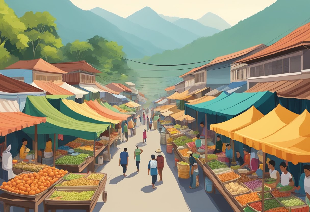 Lively street market in Sulawesi, with colorful stalls selling local delicacies. Mountains and lush greenery in the background