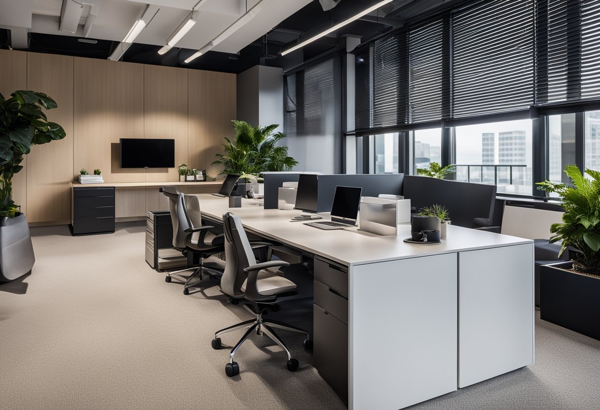 A modern office space with sleek furniture, clean lines, and minimalistic decor. The color scheme is neutral with pops of vibrant accents