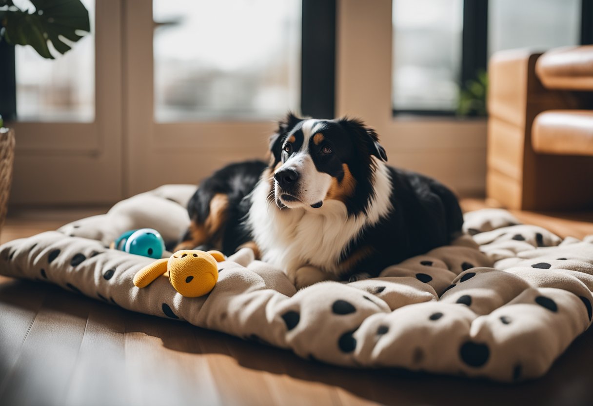 A cozy futon with pet toys, a soft blanket, and a water bowl, surrounded by paw prints and a playful pet