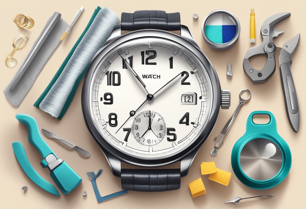 A watch placed on a soft cloth, surrounded by small tools and cleaning supplies. A magnifying glass and a manual are nearby