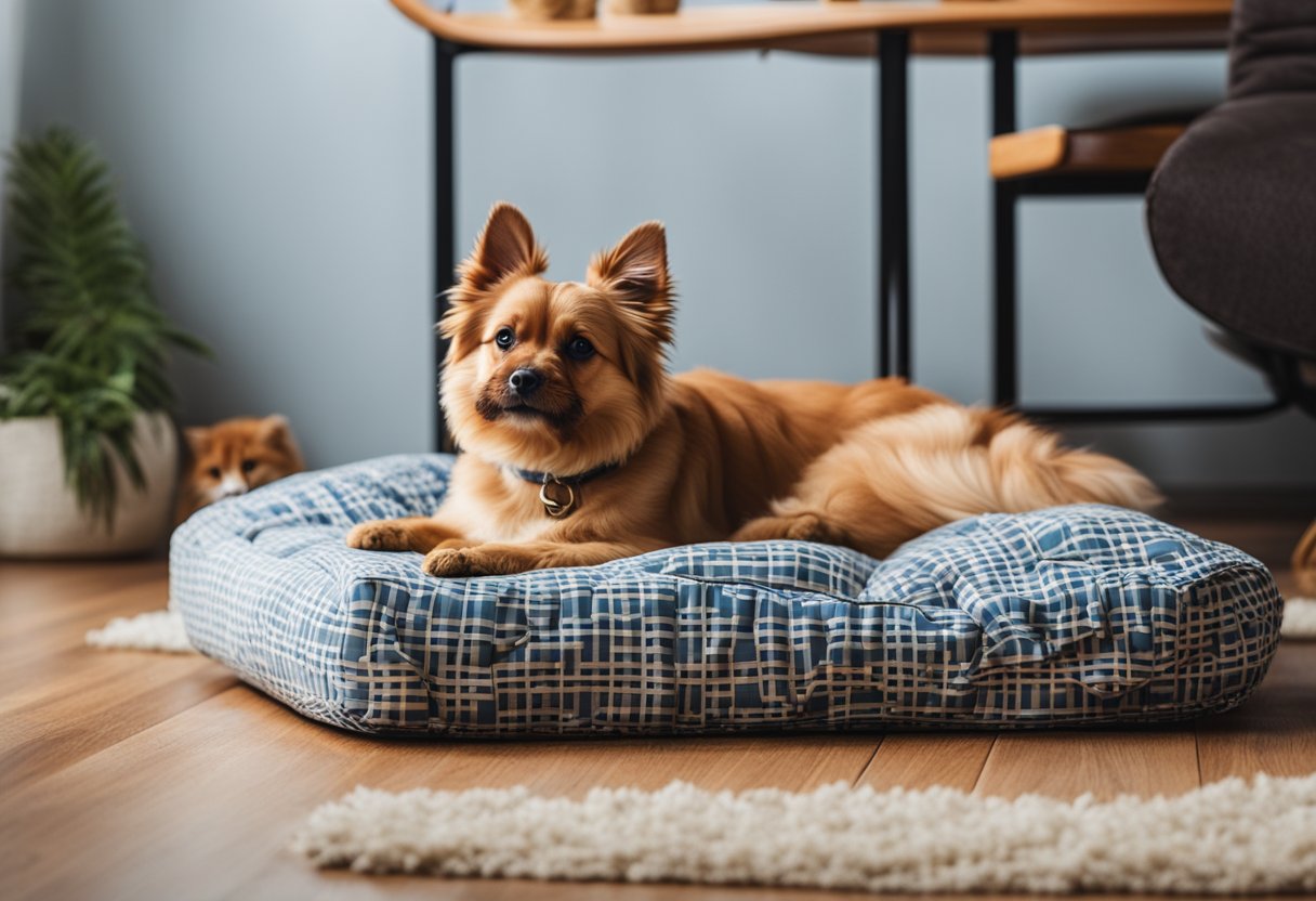 A cozy pet futon with a patterned cover, surrounded by toys and accessories for pets