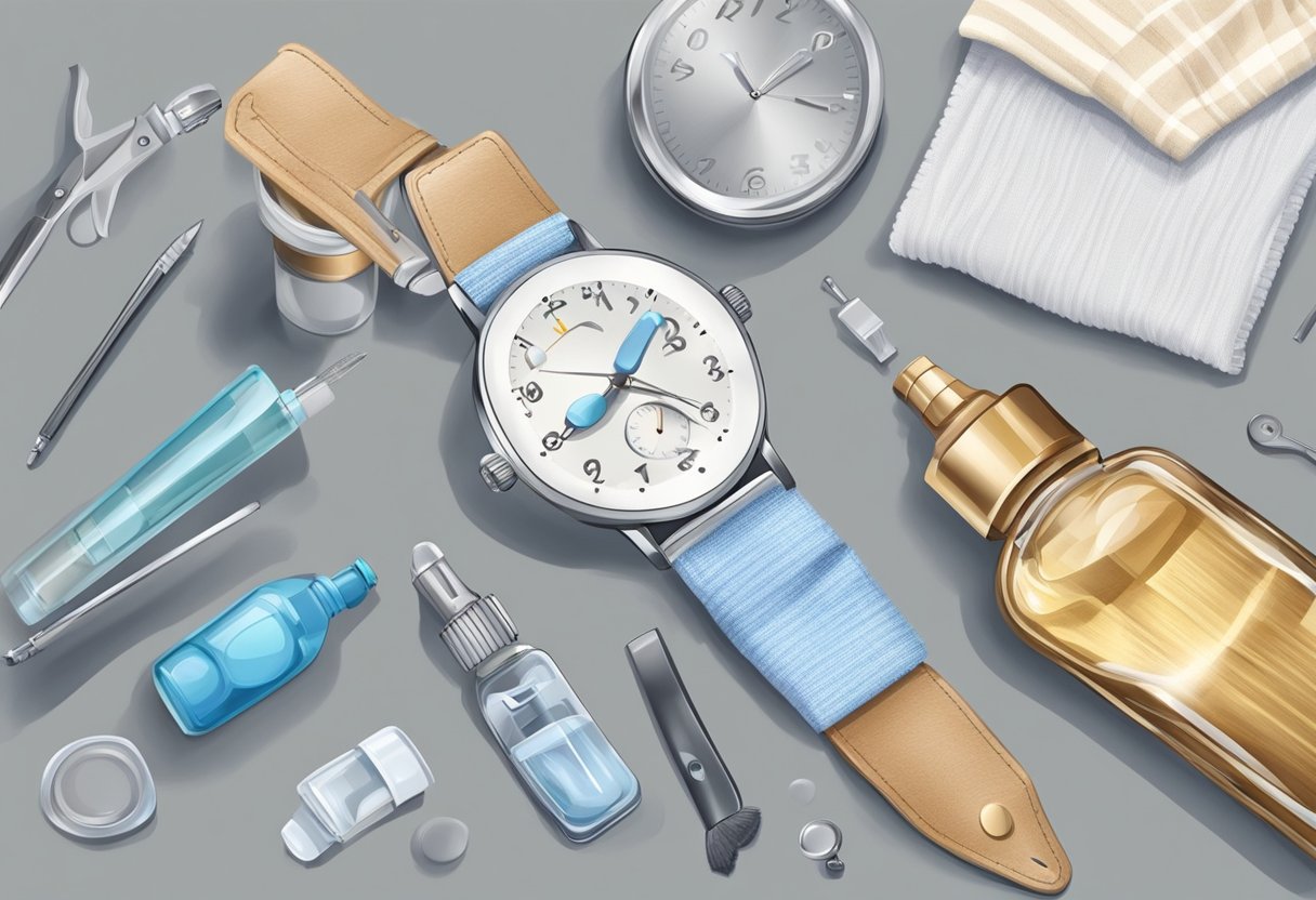 A watch resting on a soft cloth, surrounded by a small toolkit and a bottle of cleaning solution. A gentle hand reaches for the watch, ready to apply the essential care tips