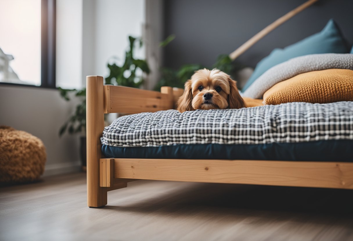A sturdy futon frame holds a cozy pet bed, surrounded by various accessories like toys and blankets