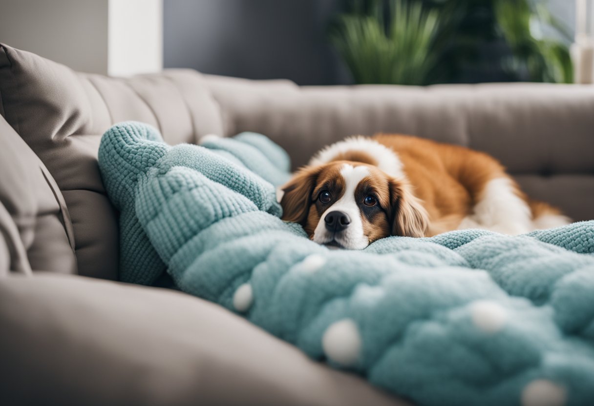 A cozy pet futon with plush accessories, including a soft blanket, a cushioned pillow, and a colorful toy, all arranged neatly in a comfortable and inviting setting