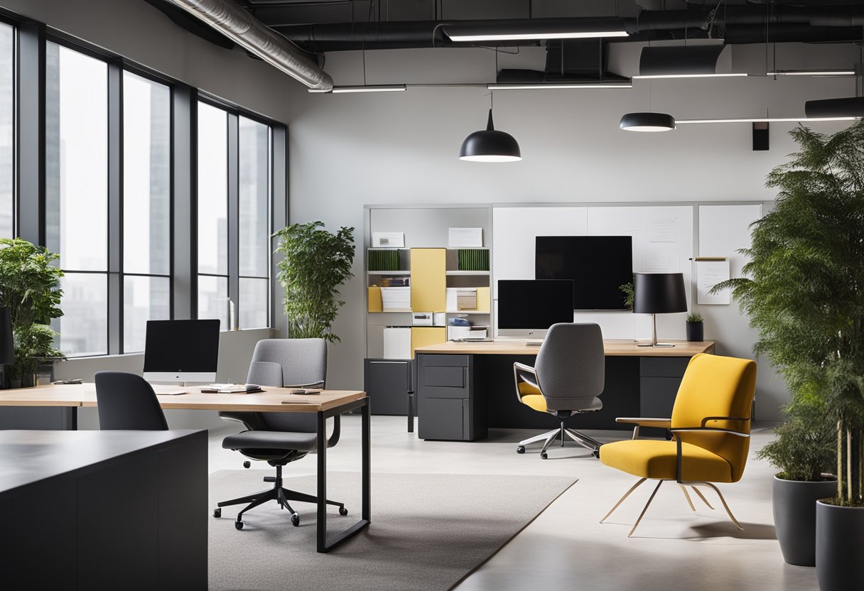 A modern office space with sleek furniture, clean lines, and pops of color. A large window lets in natural light, creating a bright and inviting atmosphere