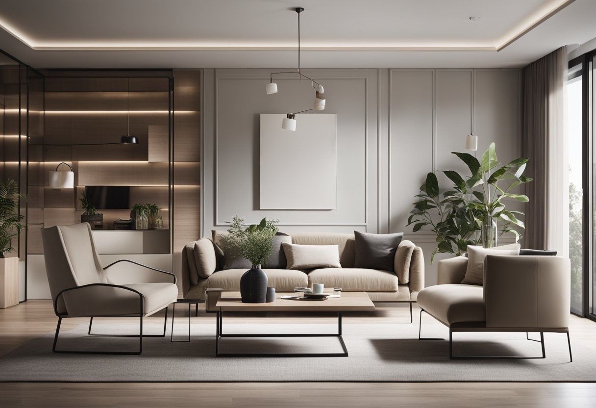 A modern, sleek living room with minimalist furniture, a neutral color palette, and large windows letting in natural light