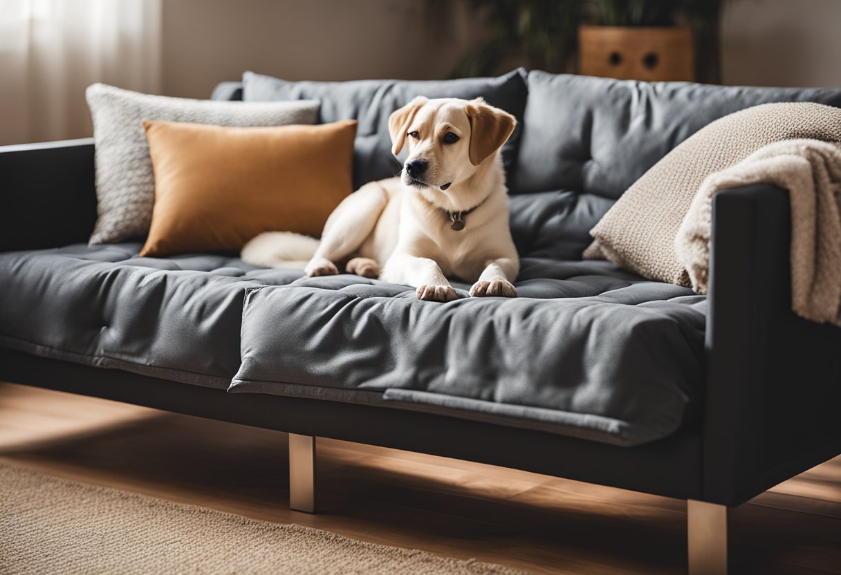 A cozy futon with pet-friendly accessories like a non-slip cover, chew-proof throw, and washable pillows