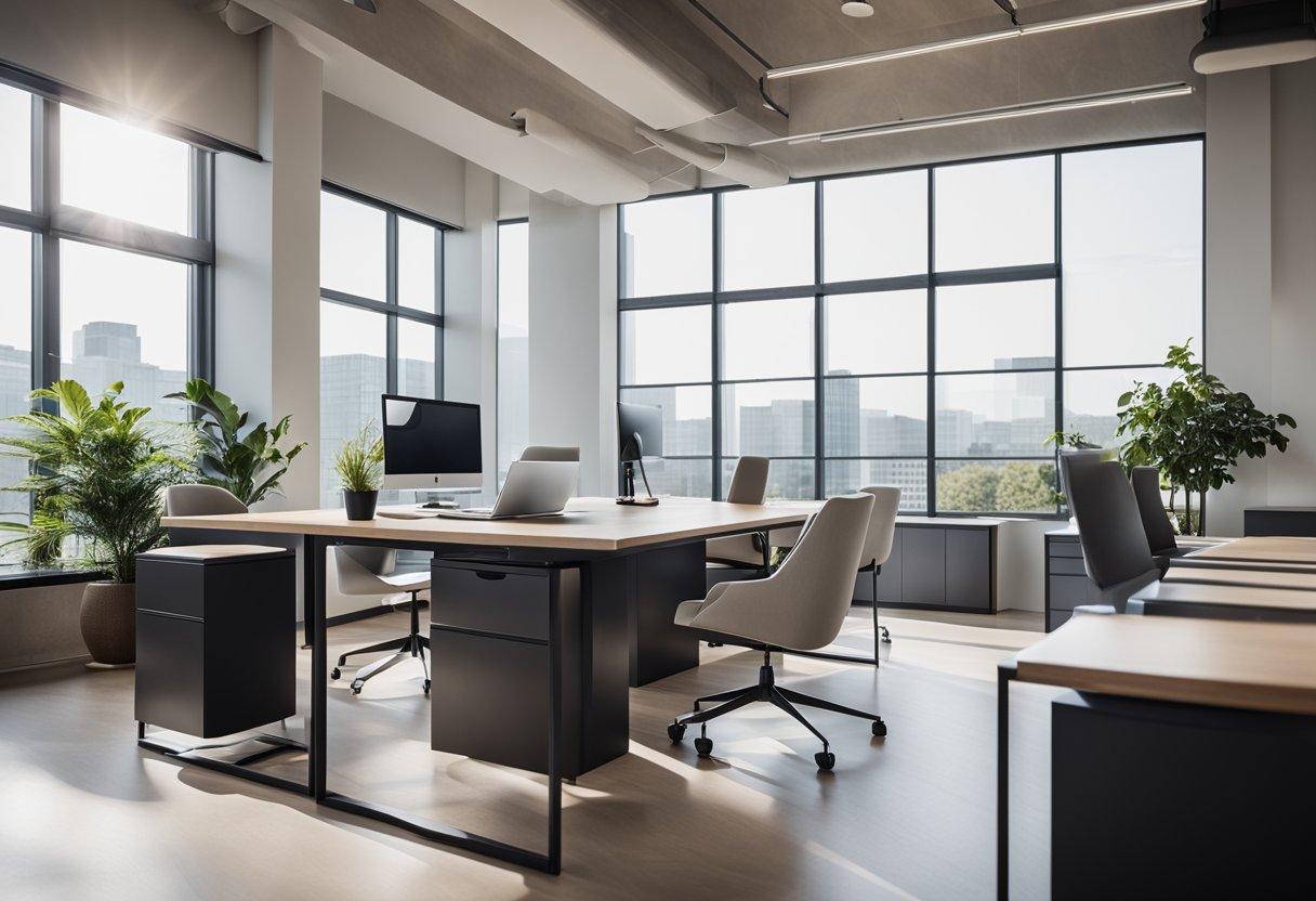 A sleek, modern office space with clean lines and minimalist furniture. A large window lets in natural light, highlighting the elegant design elements