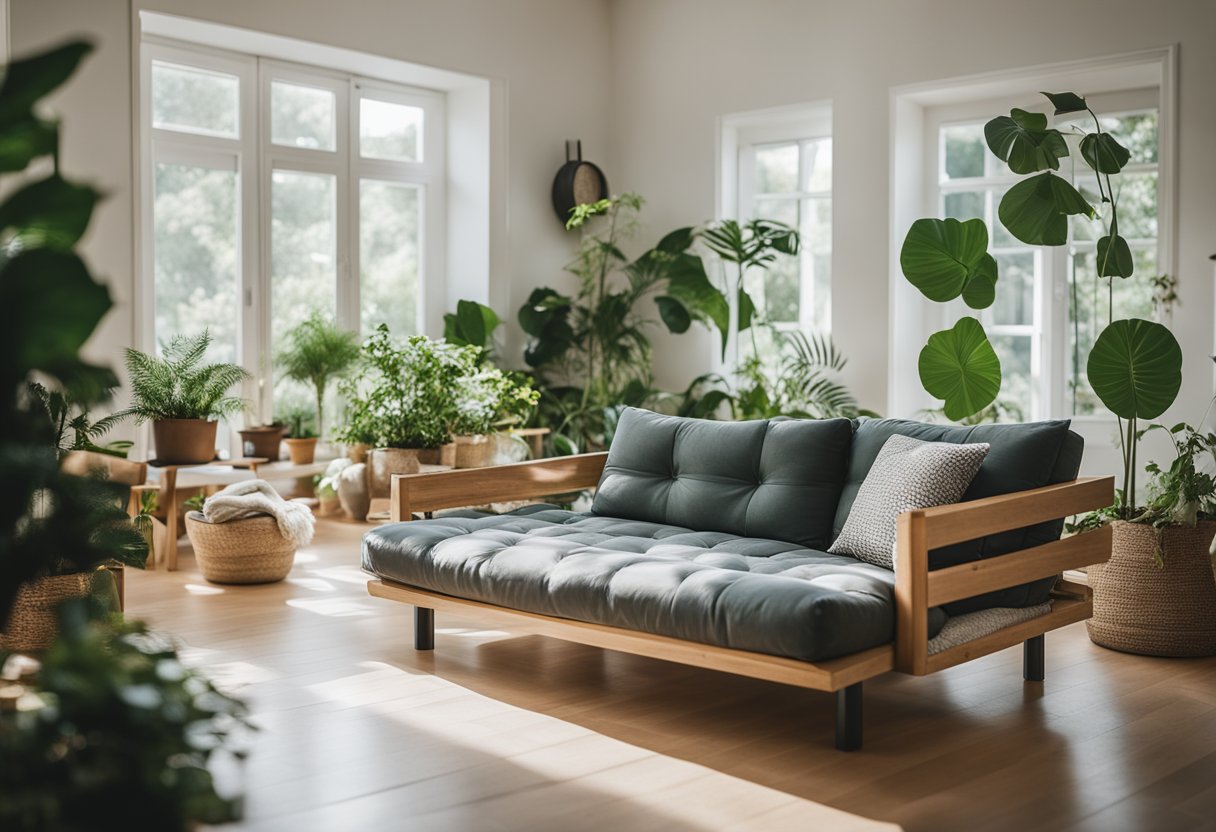 A modern living room with a stylish, eco-friendly futon made from sustainable materials, surrounded by plants and natural light
