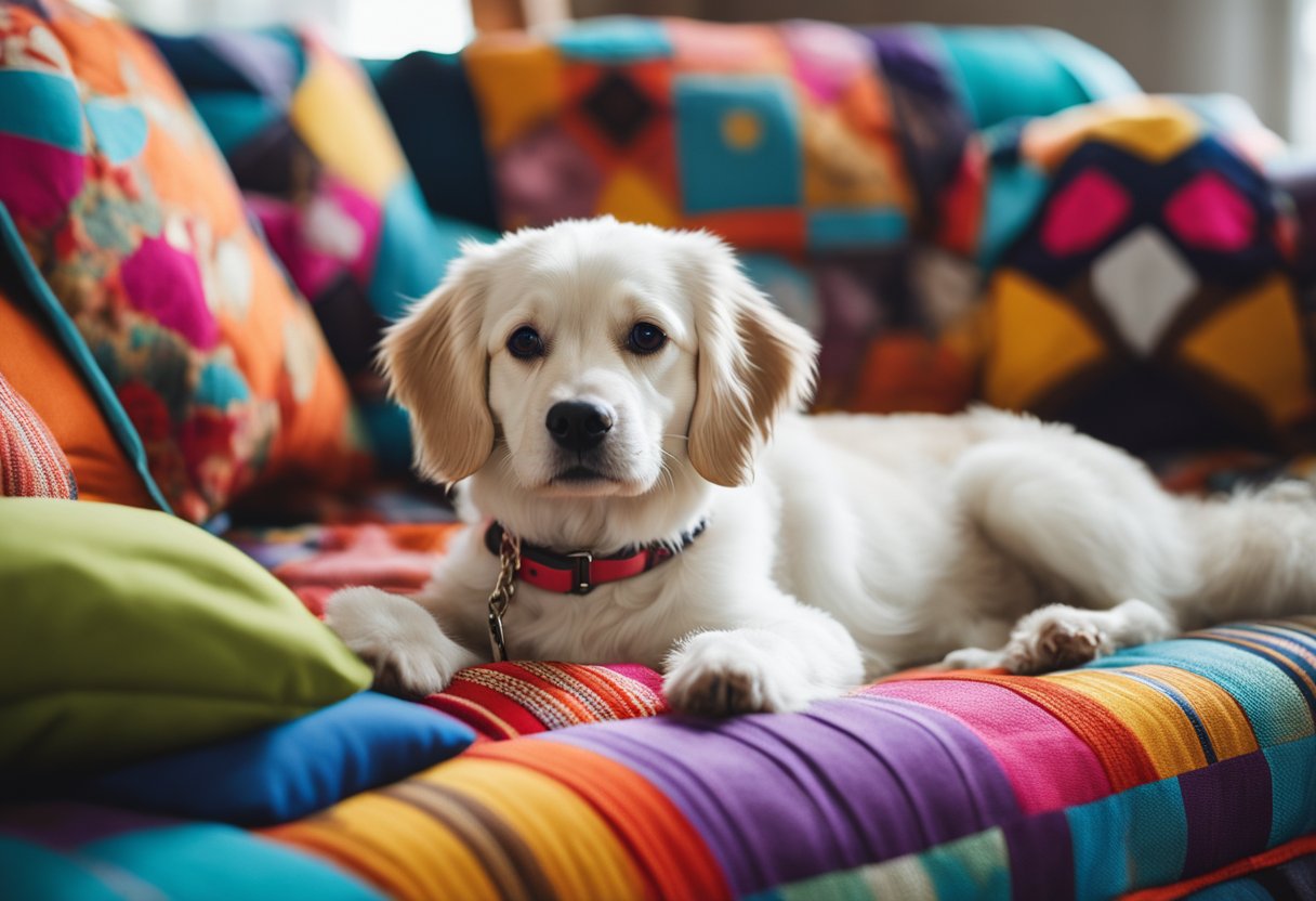 A dog lounges on a colorful futon, surrounded by various pet accessories such as blankets, pillows, and toys. The futon is adorned with customizable options like monogrammed name tags and colorful patterns