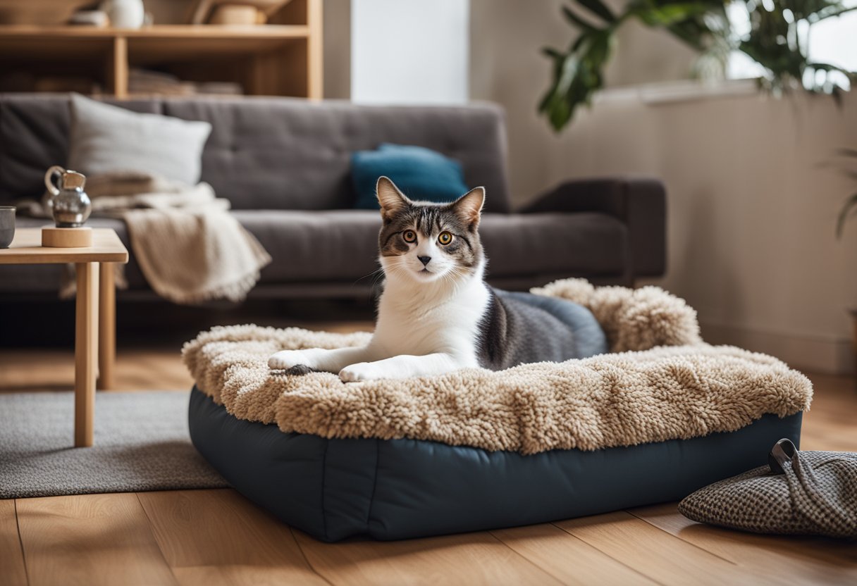 A cozy futon with pet accessories scattered around. A dog bed, cat toys, and a blanket are visible. The room is well-lit with a warm, inviting atmosphere