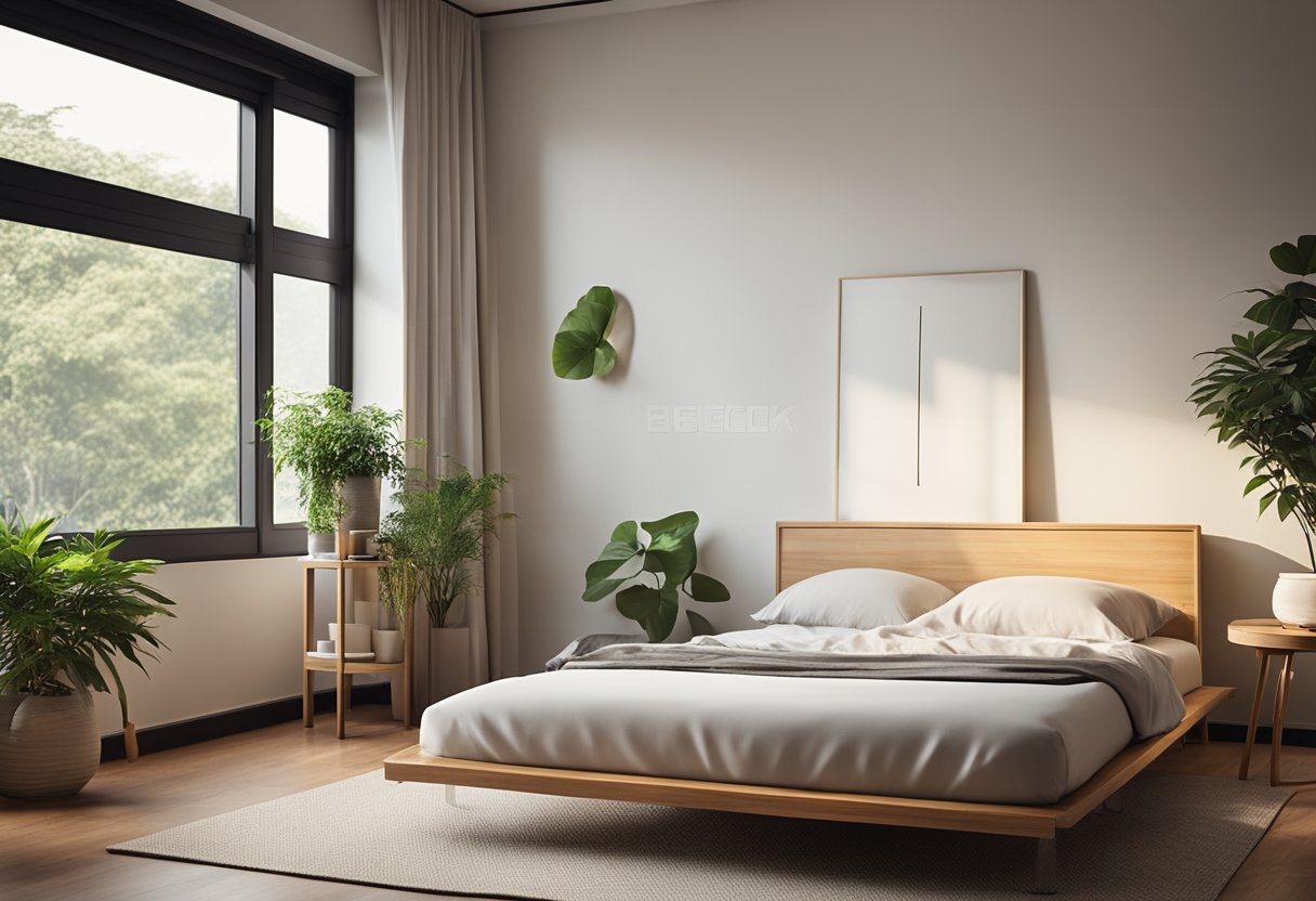 A room with a minimalist design, featuring a low platform bed with a simple, natural-colored futon mattress. A small indoor plant and a bamboo floor lamp add to the eco-friendly ambiance