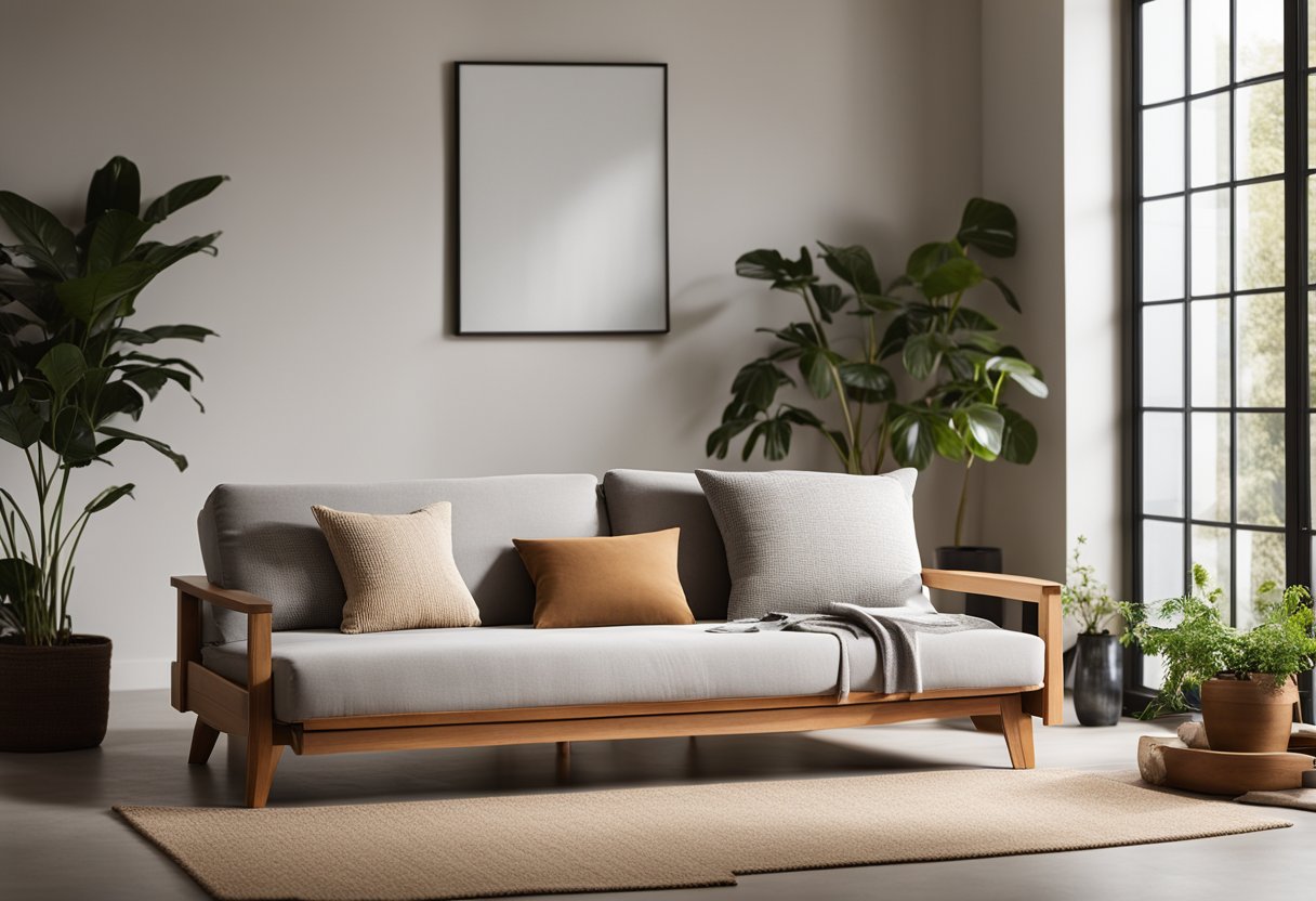 A modern living room with a sleek, eco-friendly futon frame and sustainable futon mattress. Natural light streams in through large windows, highlighting the minimalist design and earthy materials