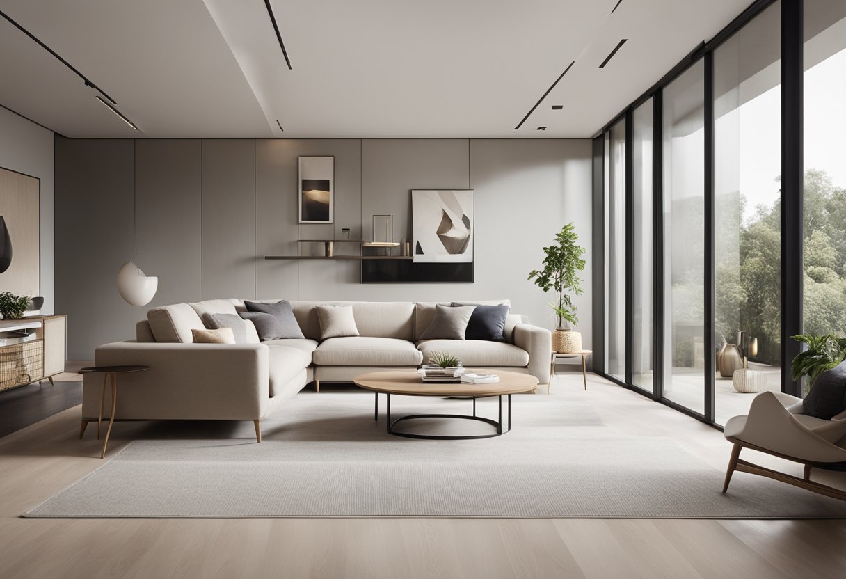 A modern living room with a minimalist design, featuring a neutral color palette, clean lines, and natural light streaming in from large windows