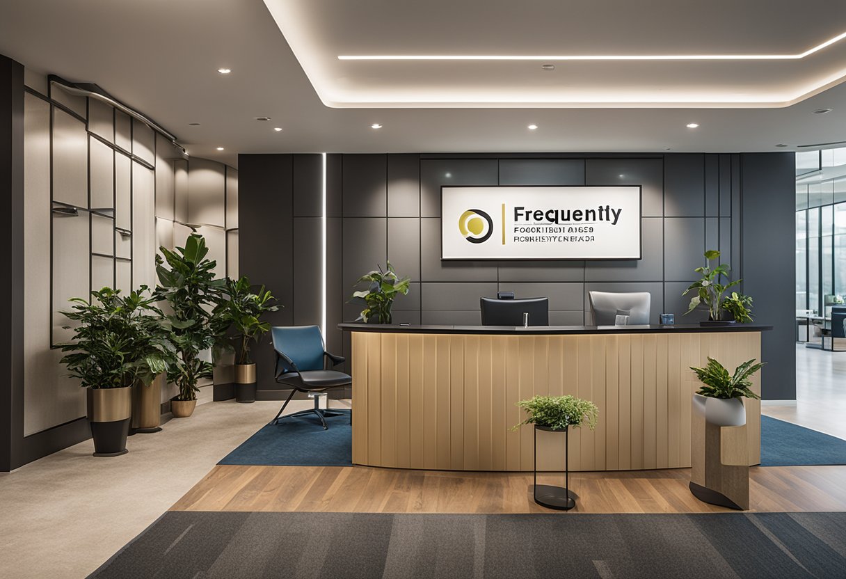 An office reception area with a modern desk, comfortable seating, and a large, welcoming sign displaying "Frequently Asked Questions" for Ole Interior Design Pte Ltd