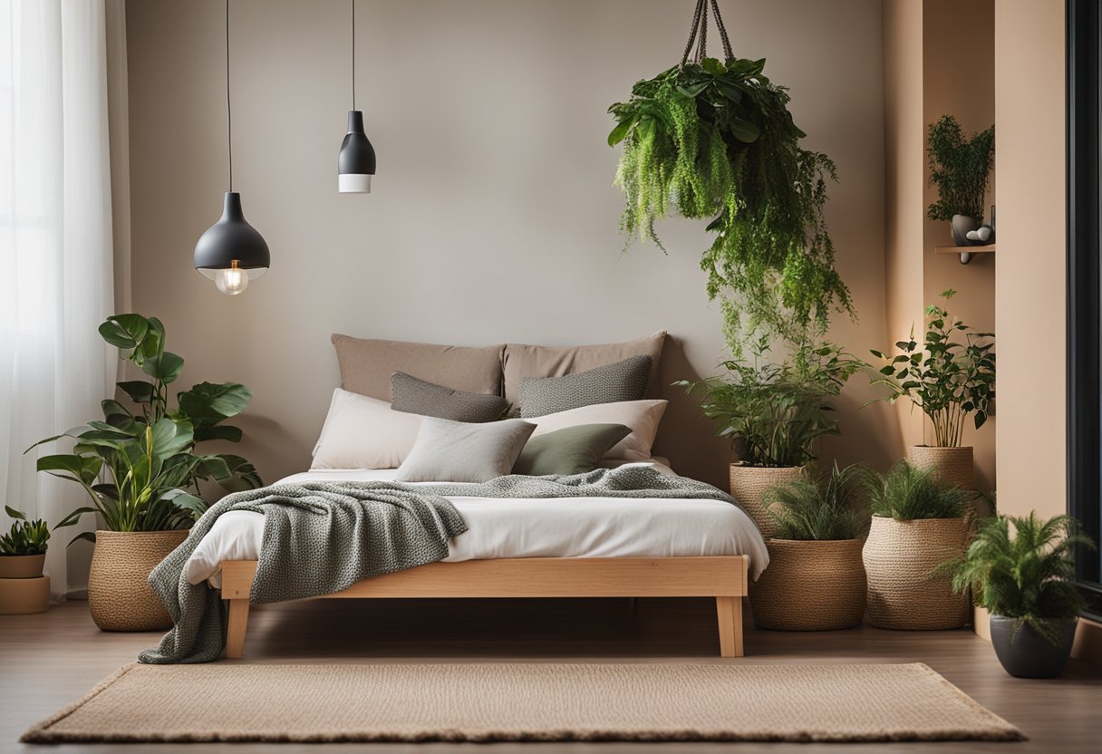 A cozy bedroom with a modern, eco-friendly futon mattress made from sustainable materials. The room is filled with natural light and adorned with plants and earthy decor