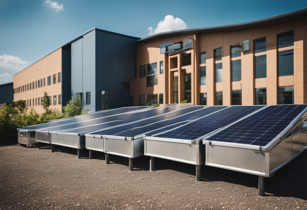 A modern factory with solar panels and recycling bins, producing sustainable futons with organic materials