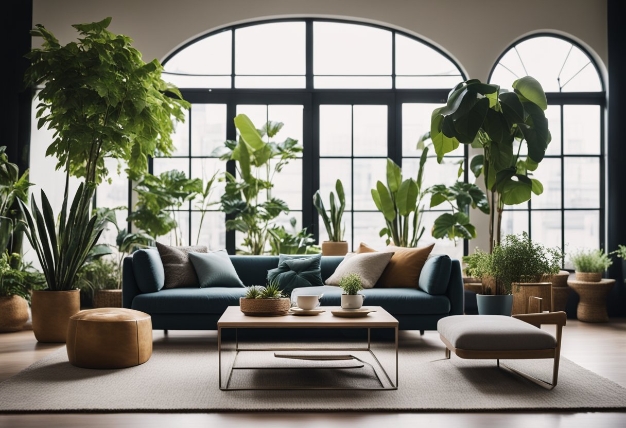 A cozy living room with a modern sofa, fluffy throw pillows, and a stylish coffee table surrounded by large windows and potted plants