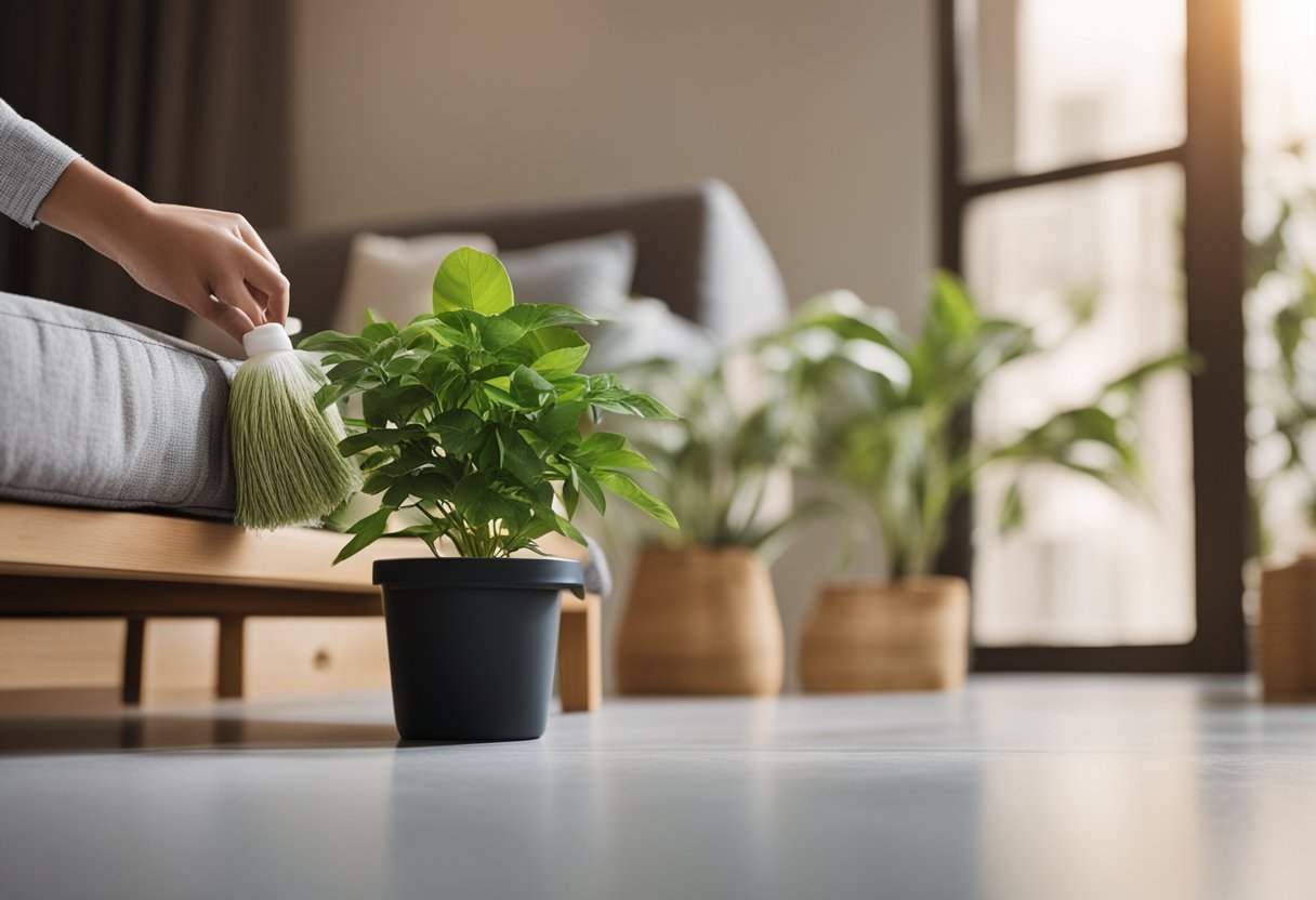 A person gently placing a potted plant next to a natural fiber futon, with a recycling bin and eco-friendly cleaning products nearby