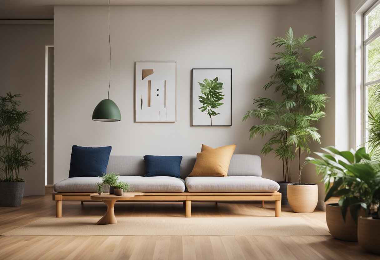 A modern living room with a sleek, minimalist design. A low-profile, eco-friendly futon sits on a bamboo flooring, surrounded by natural light and potted plants