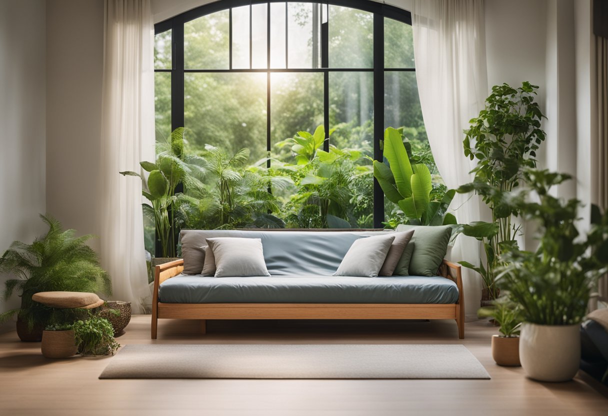 A tranquil bedroom with a sustainable futon, surrounded by lush greenery and natural light, promoting health and environmental well-being