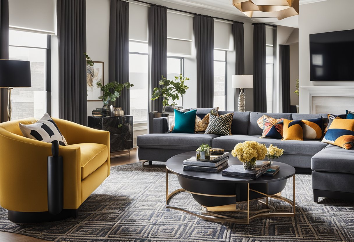 Chris's Signature Projects: Sleek, modern living room with bold geometric patterns, luxurious textures, and pops of vibrant color