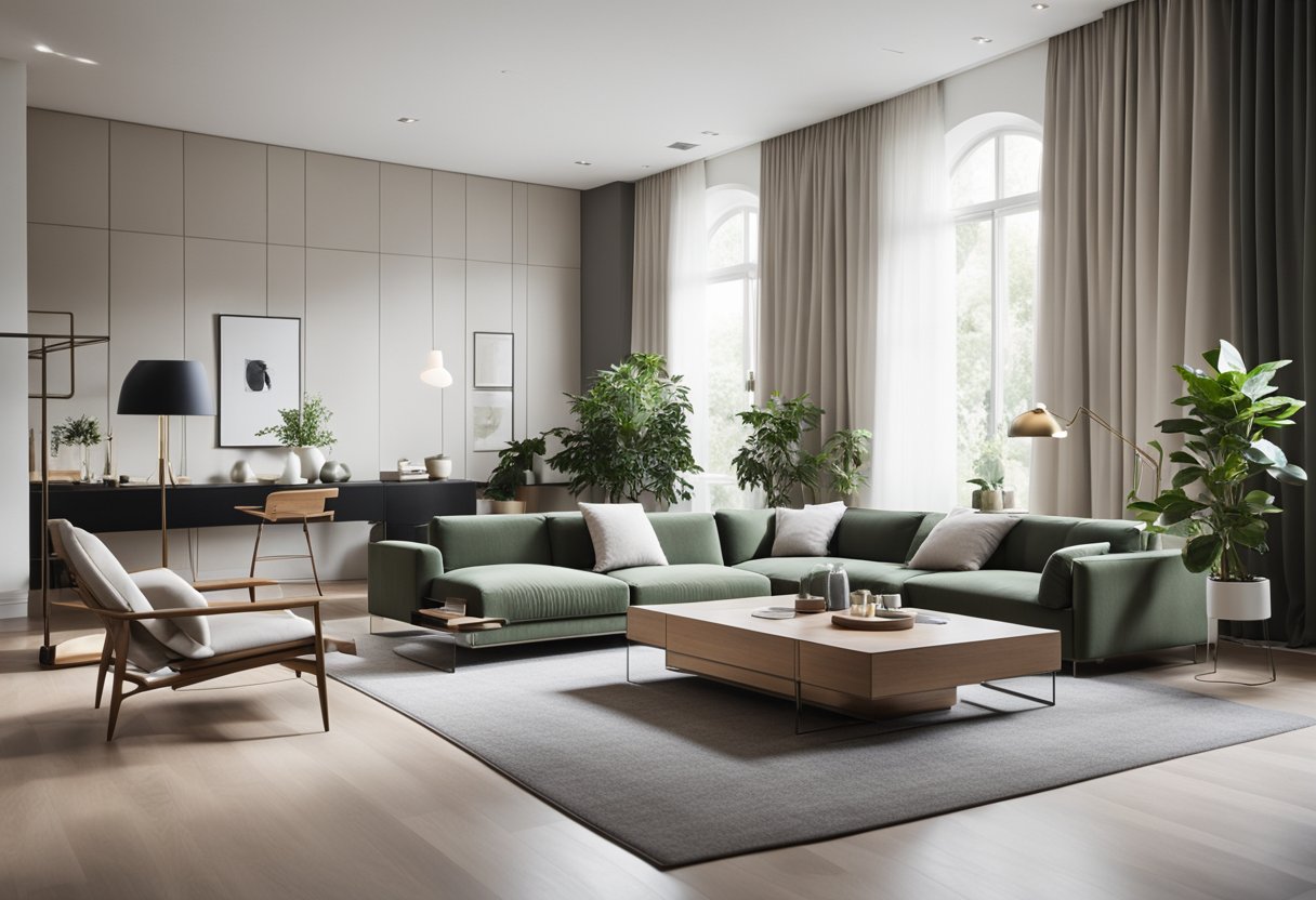 A modern, minimalist living room with clean lines, neutral colors, and pops of greenery. A sleek, organized workspace with a mix of natural and artificial lighting