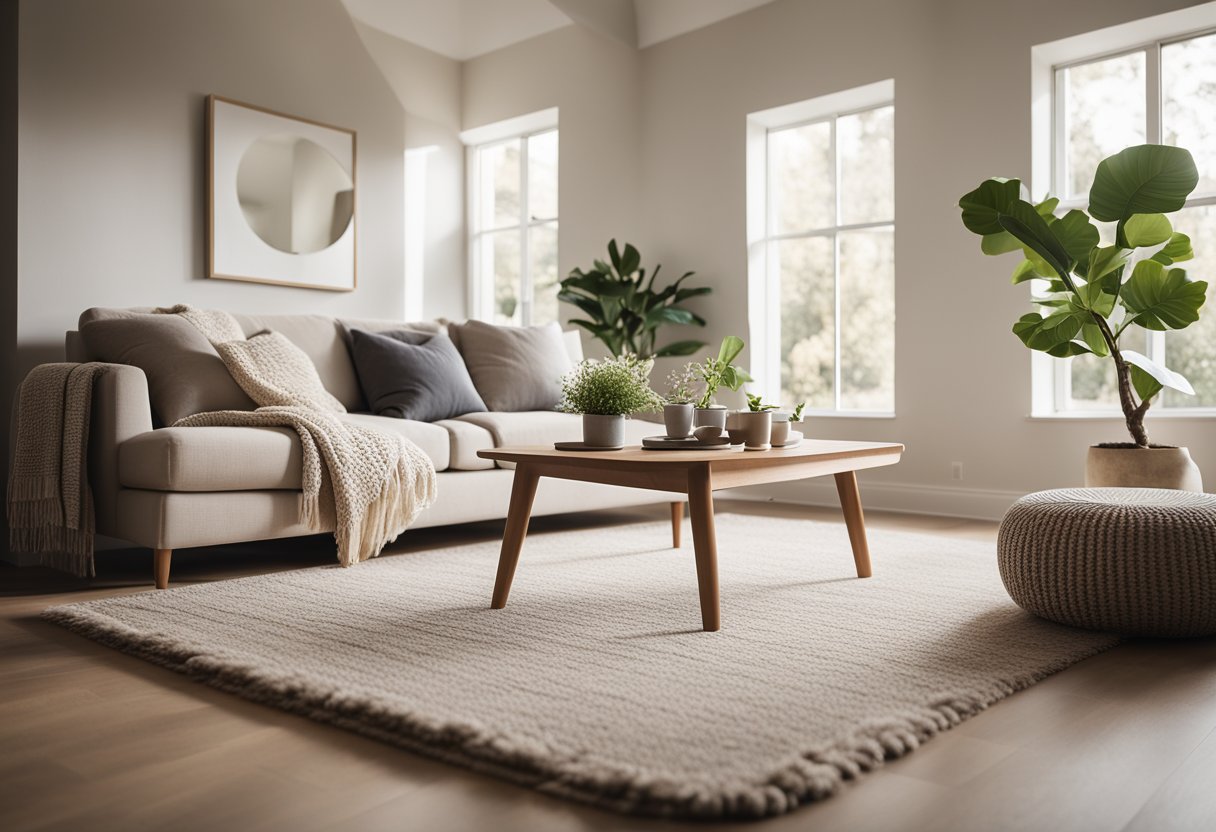 A cozy living room with a neutral color palette, a comfortable sofa, a coffee table, and a soft rug. Natural light streams in through the window, illuminating the space