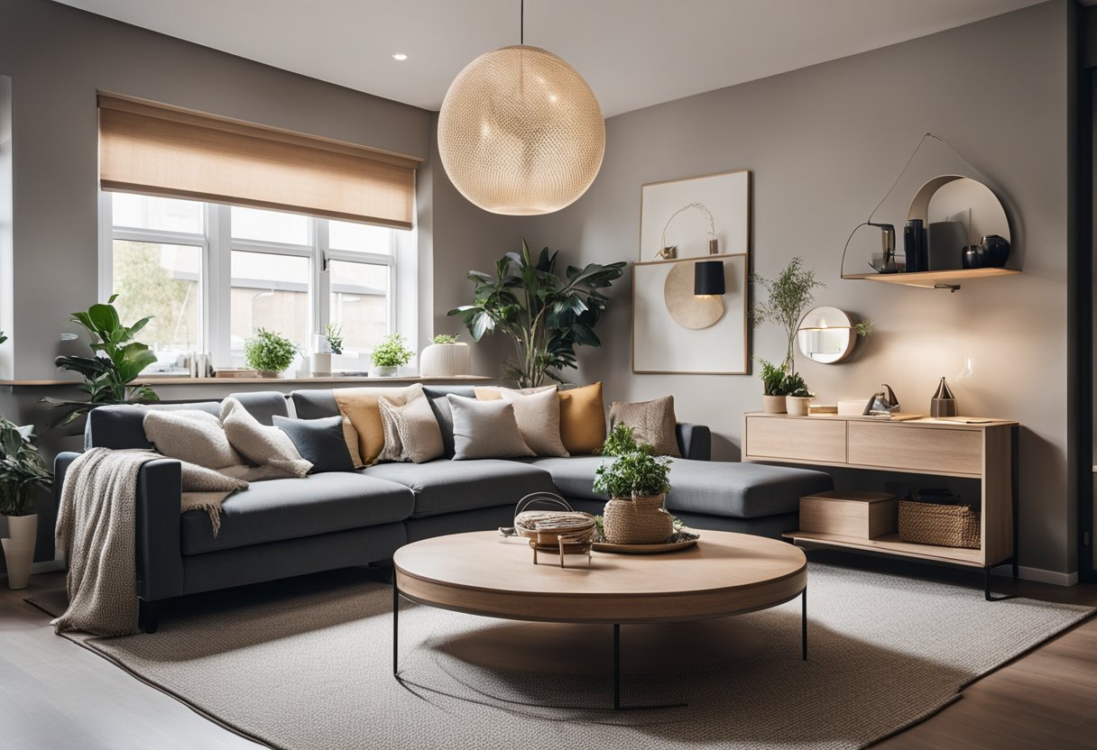 A small living room with cleverly placed furniture to maximize space. Neutral colors and strategic lighting create a cozy atmosphere