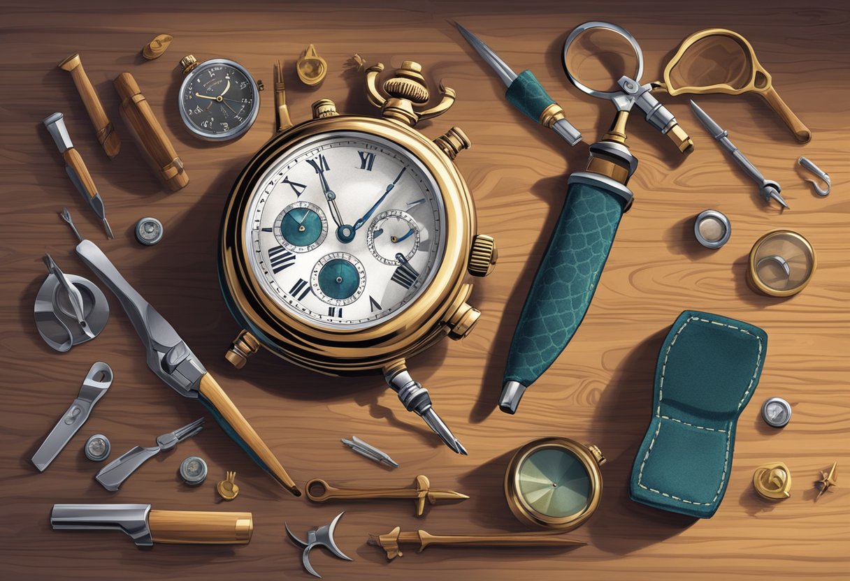 A watch resting on a velvet cushion, surrounded by tiny tools and a magnifying glass on a wooden workbench