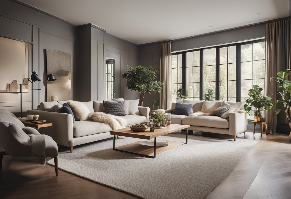 A cozy living room with a neutral color palette, a mix of modern and traditional furniture, natural light, and strategically placed decorative elements