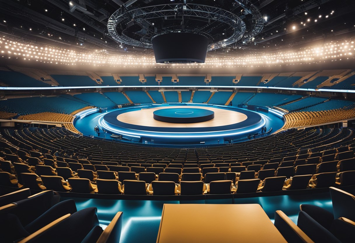 The arena interior features sleek, modern lines with bold, contrasting colors. The seating area is arranged in a circular fashion around the central stage or playing field, with high-tech lighting fixtures illuminating the space