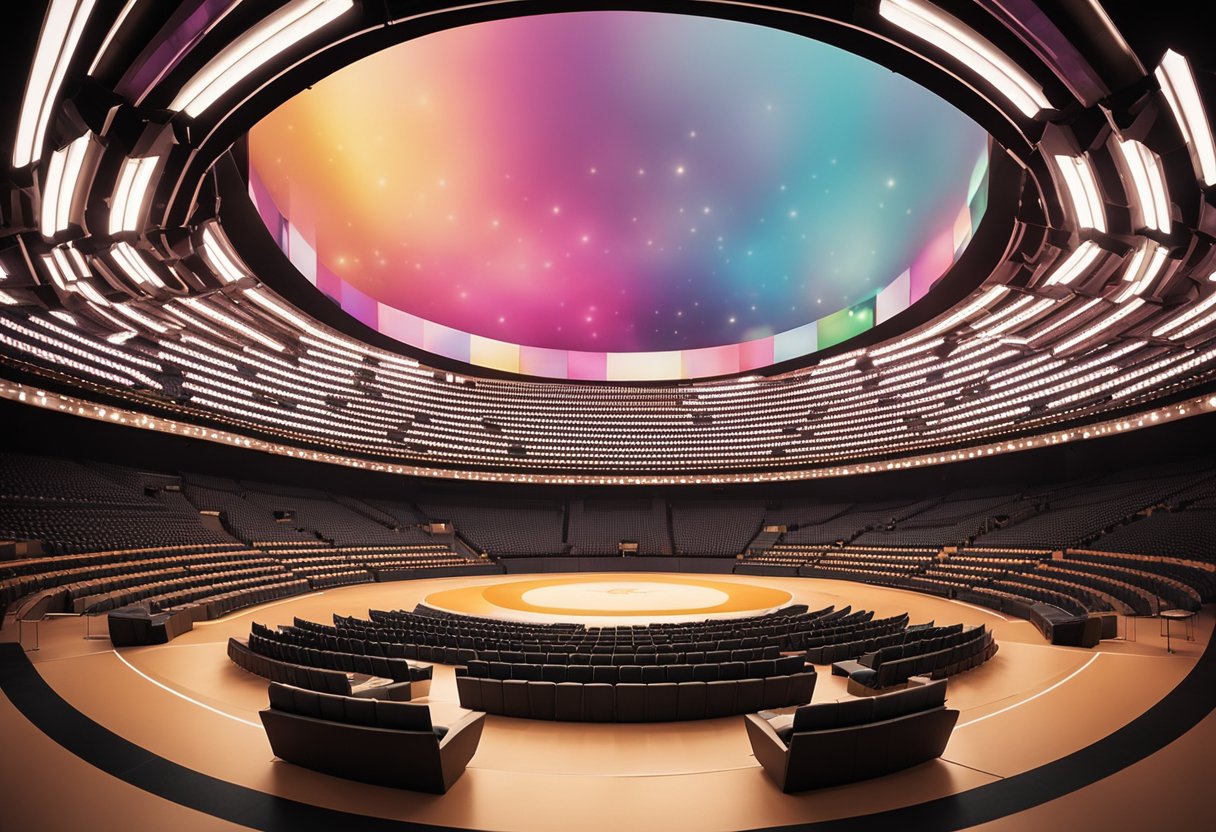The arena interior is modern, with sleek lines and vibrant colors. The seating is arranged in a circular pattern around a central stage area. A large video screen hangs above the stage, and the space is filled with energetic lighting