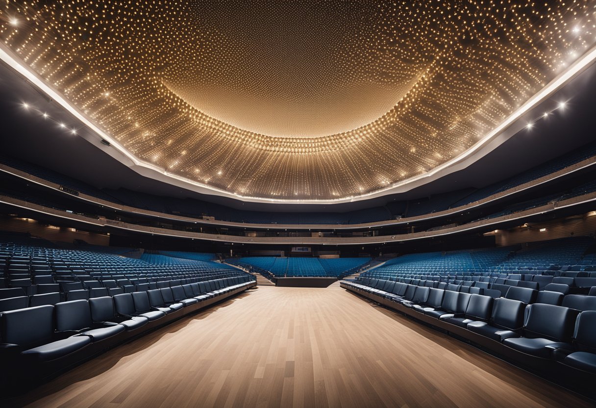 The arena interior features modern seating, sleek lighting, and a central stage for events