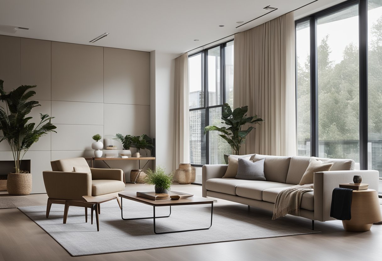 A modern living room with neutral tones, clean lines, and minimalistic furniture. A large window allows natural light to flood the space, creating a sense of openness and tranquility