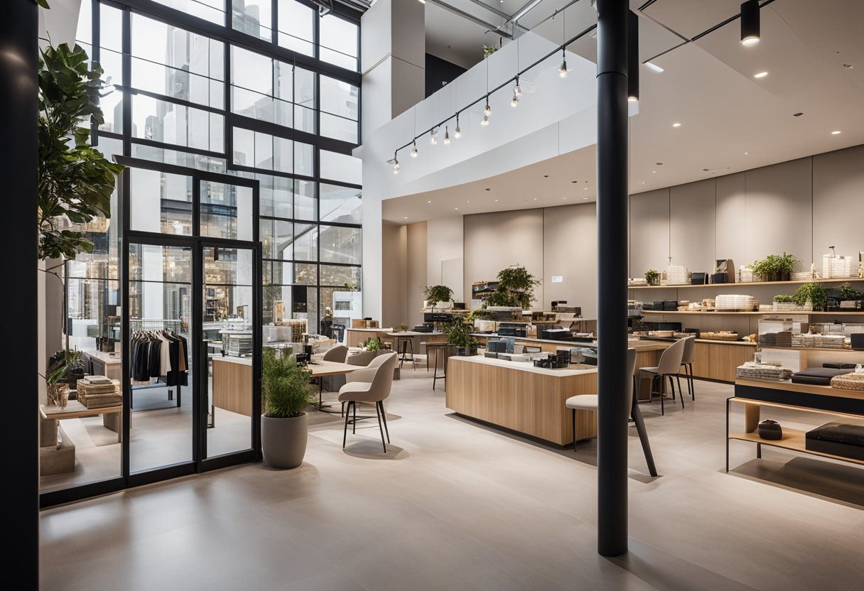 The retail interior design in Melbourne features modern furniture, sleek lighting, and a neutral color palette. The space is open and inviting, with large windows allowing natural light to filter in