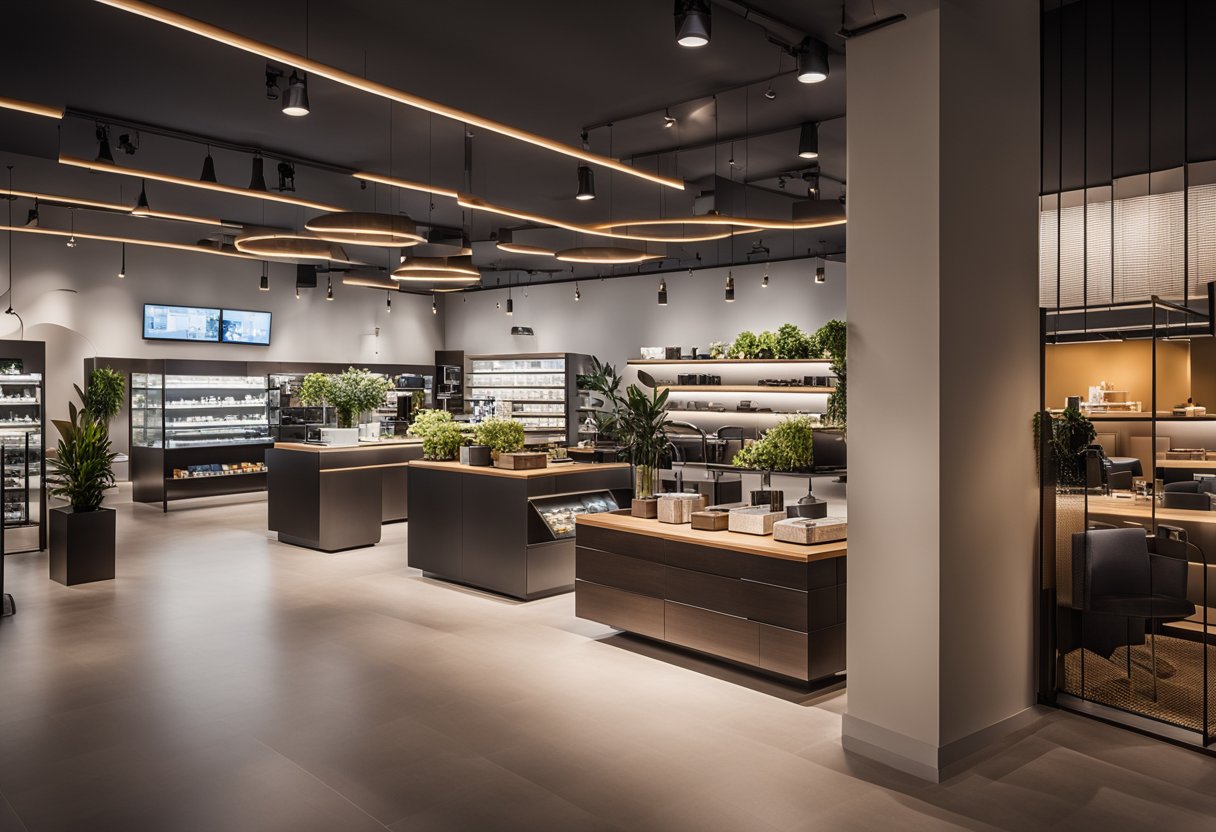 A modern retail space with sleek furniture, vibrant lighting, and a minimalist color palette. Clean lines and open layout create a welcoming atmosphere for customers