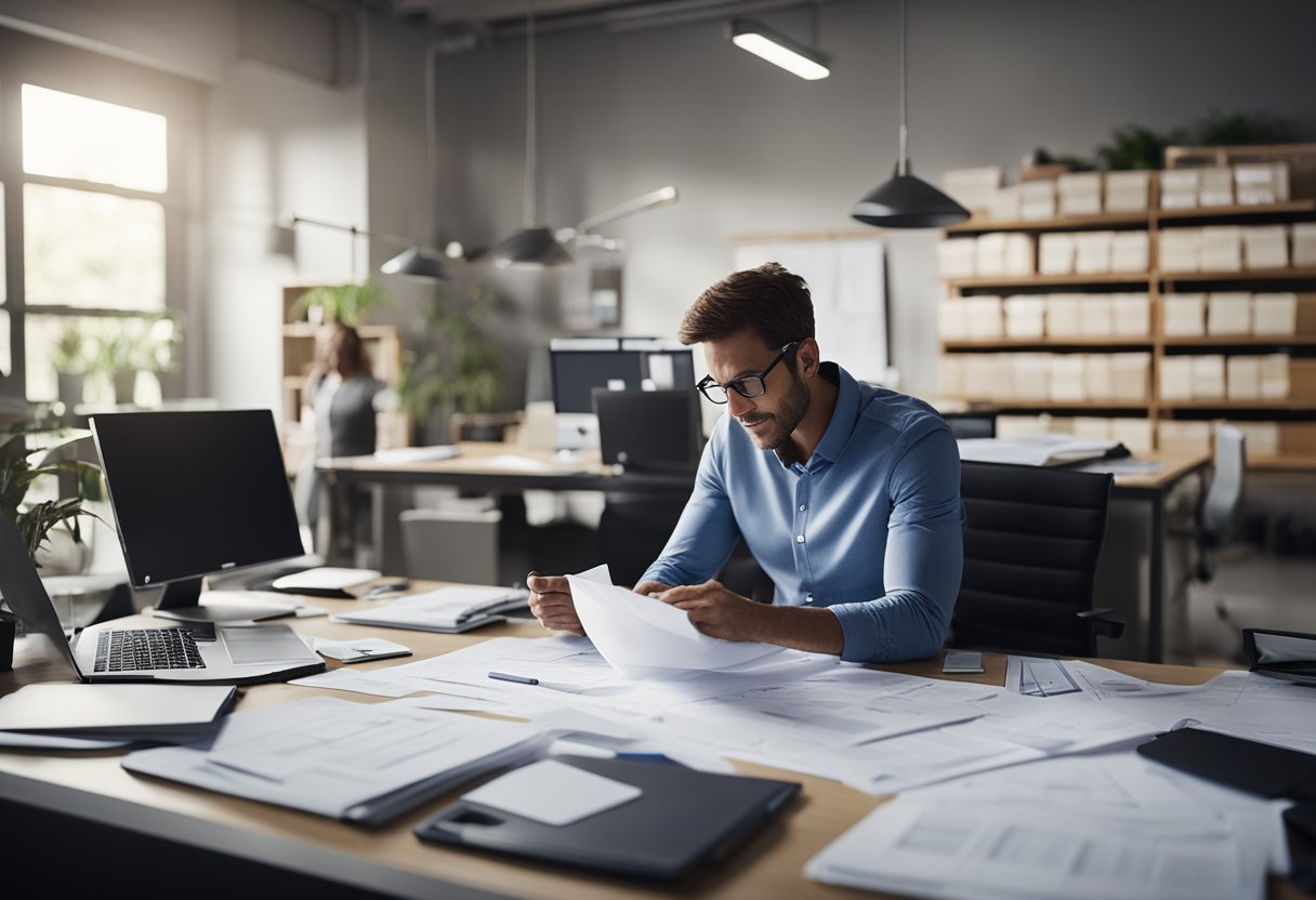 A cluttered office space with scattered blueprints and design samples. A stressed project manager on the phone, while a team member reviews project plans