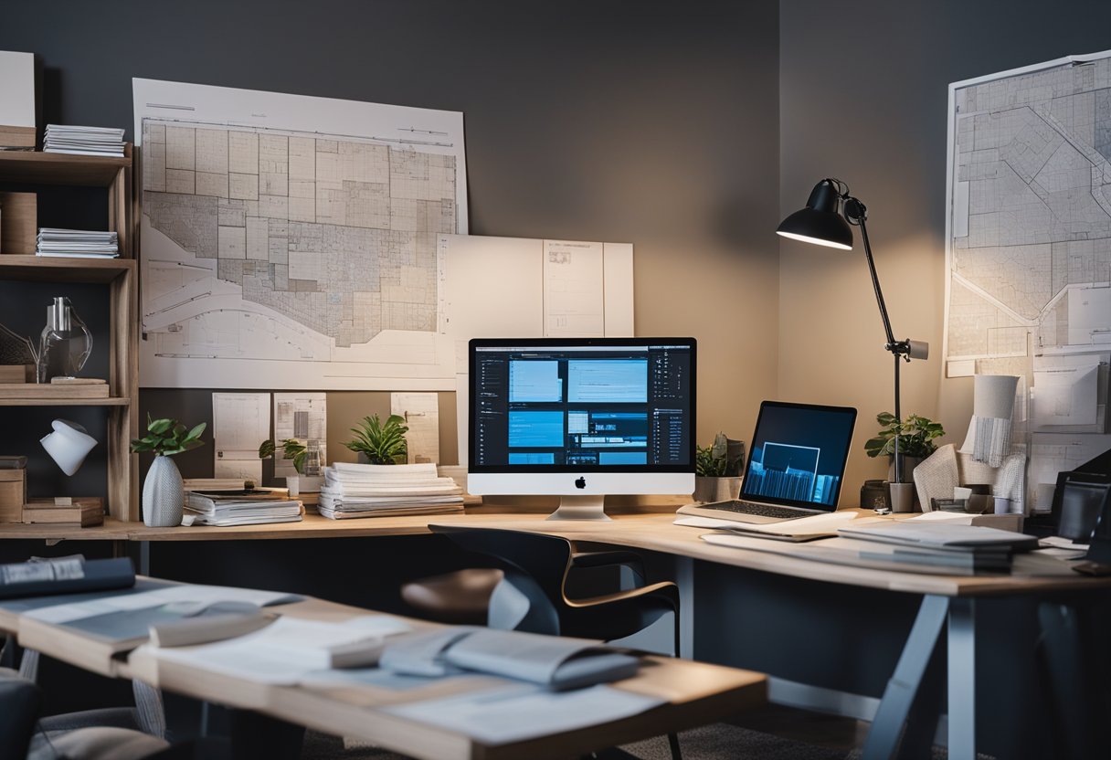 A designer's desk cluttered with blueprints, fabric swatches, and a computer displaying a floor plan. A wall covered with design samples and a shelf filled with design books and magazines