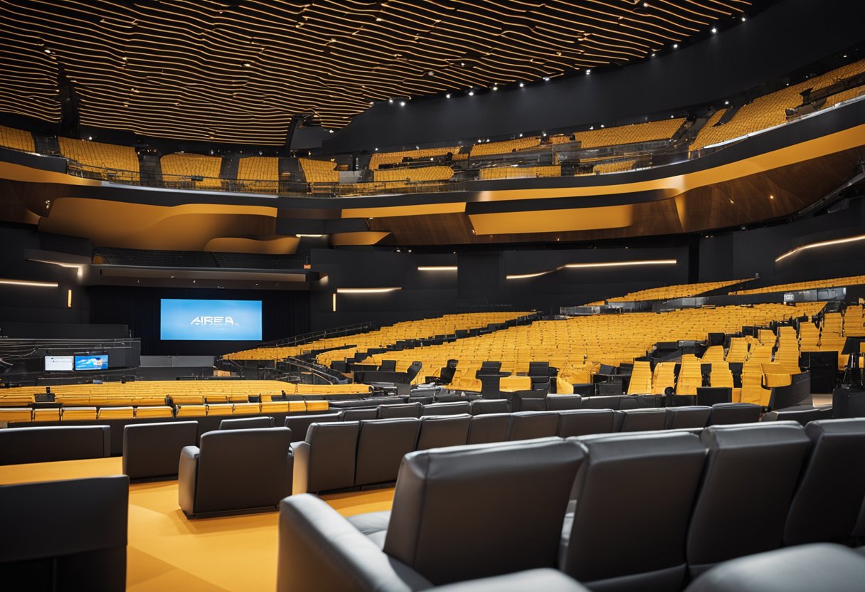 The arena interior features sleek, modern design with bold colors and clean lines. The space is filled with comfortable seating and state-of-the-art technology for a seamless experience