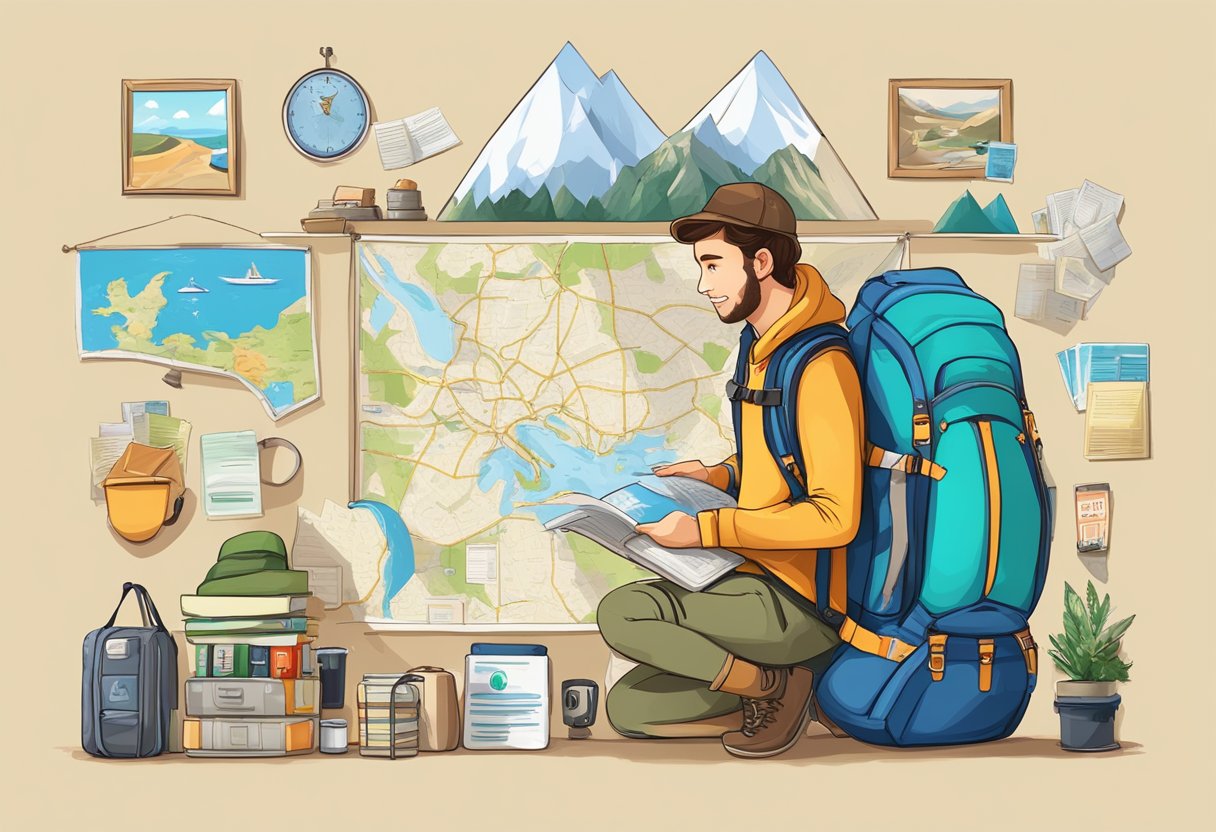 A backpacker selects budget accommodation with a map and guidebook, surrounded by hostel signs and travel essentials