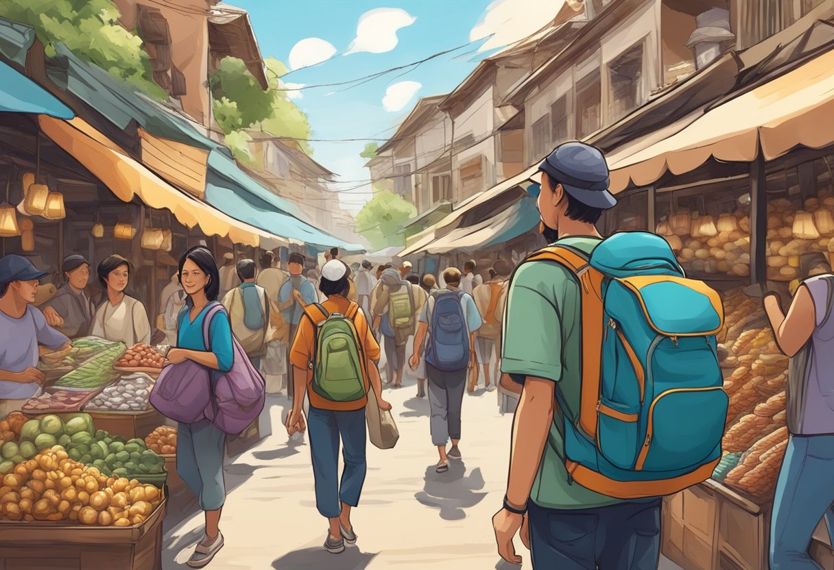 A backpacker navigates through a bustling market, carrying a lightweight pack and a map, while haggling with vendors for budget-friendly souvenirs
