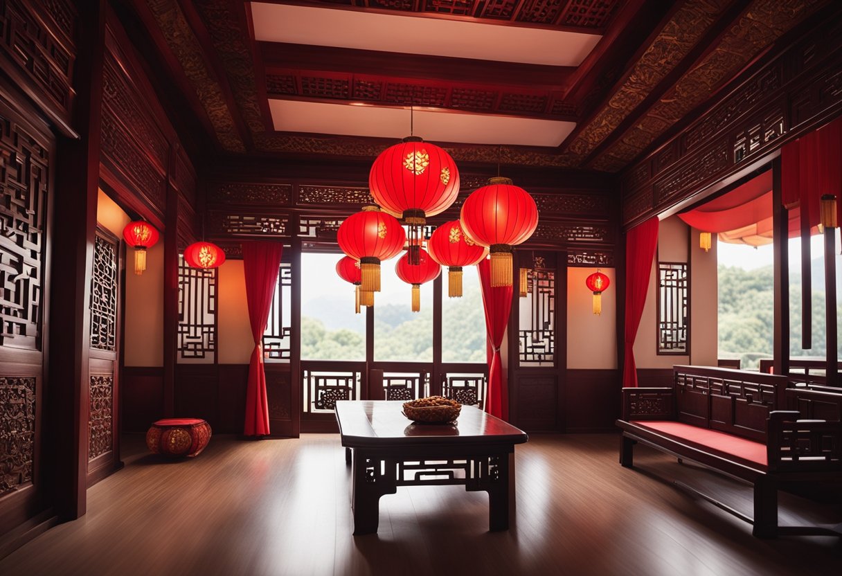 A traditional Chinese interior with ornate wooden furniture, red silk curtains, and intricate paper lanterns hanging from the ceiling