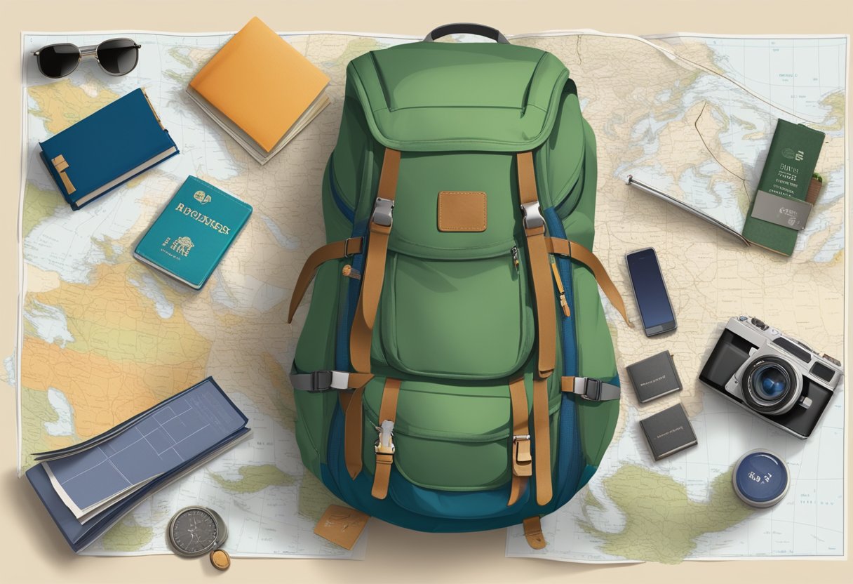 A backpacker's gear laid out on a map, surrounded by travel guides and a budget tracker