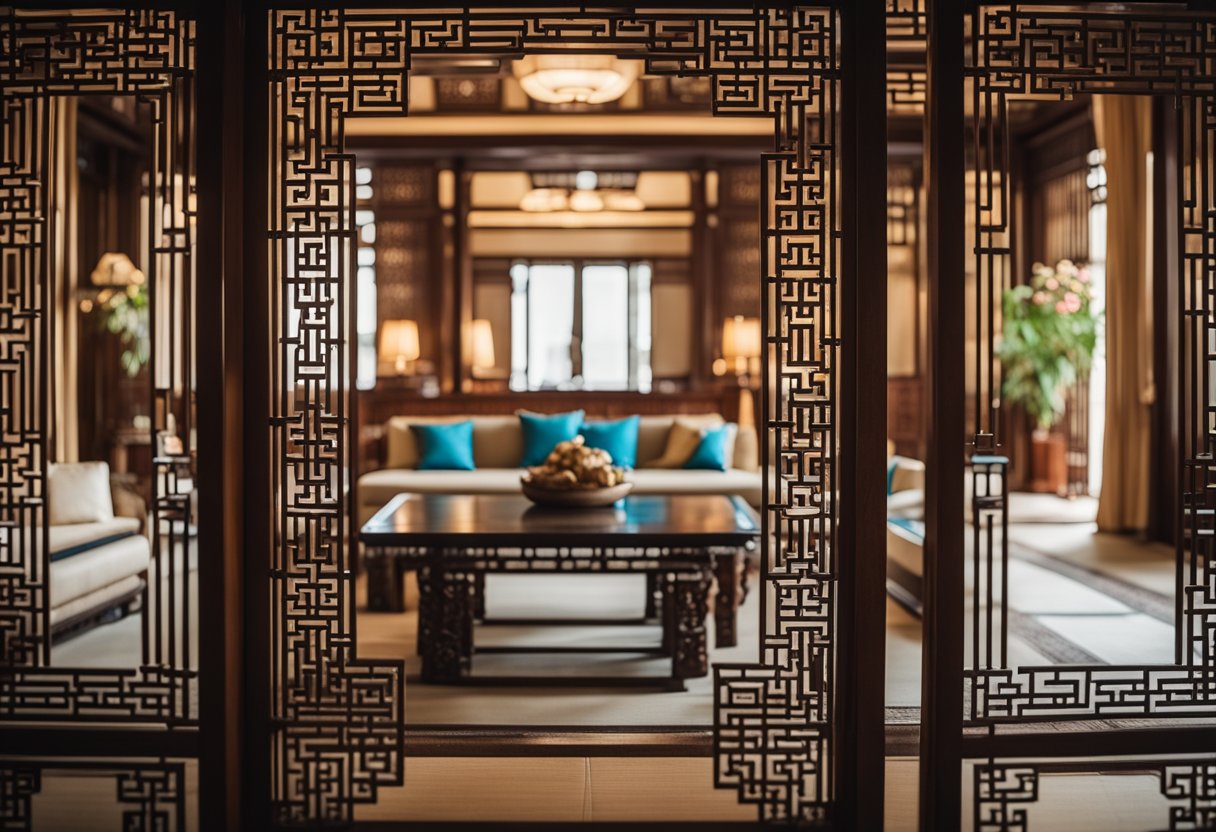 A traditional Chinese interior with ornate woodcarvings, intricate lattice screens, and elegant silk furnishings