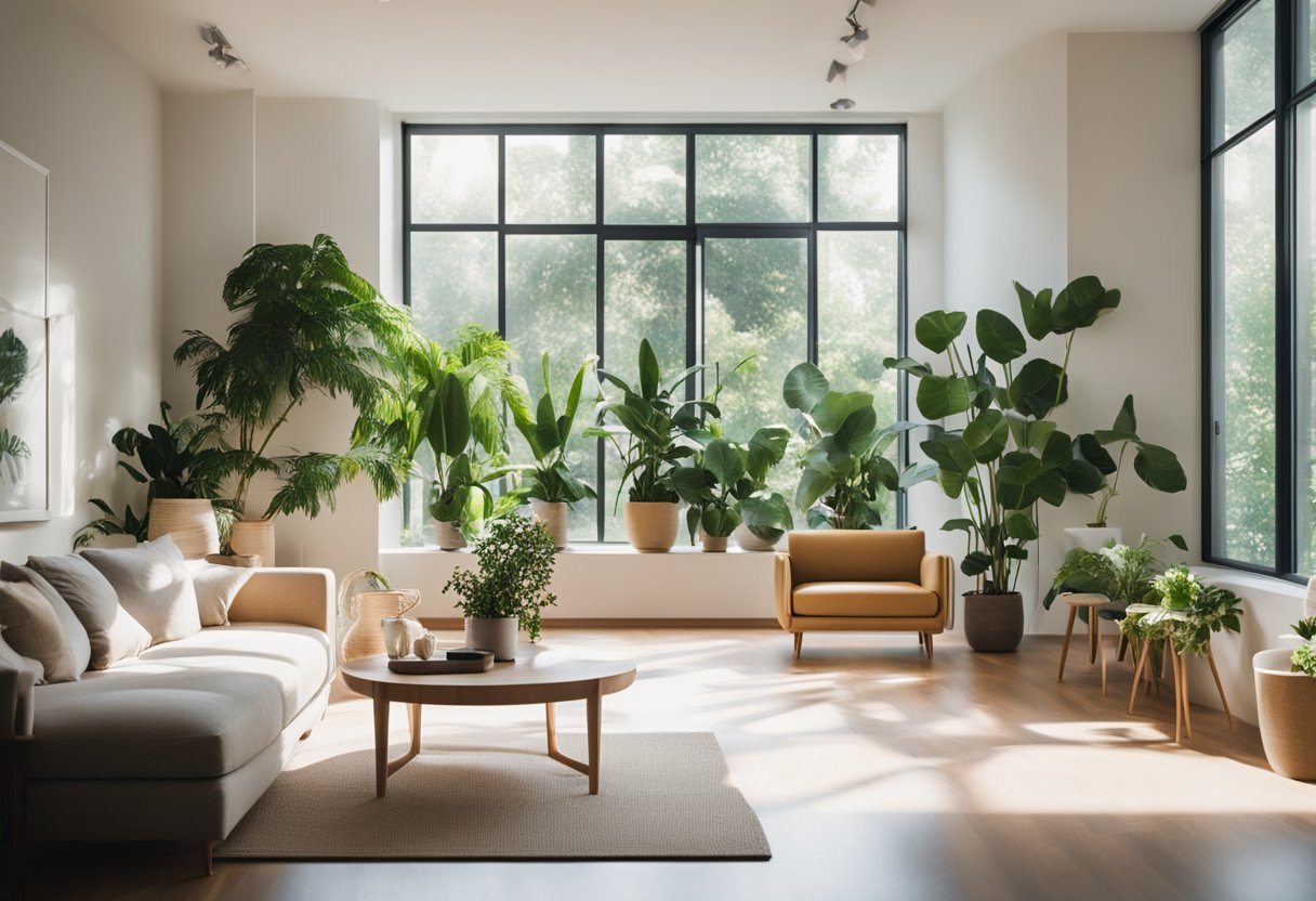 A bright, airy living room with large windows, natural plants, and comfortable, minimalist furniture arranged in a way that promotes relaxation and mindfulness